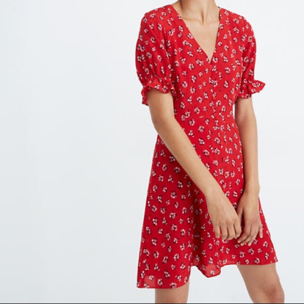 Madewell Silk Ruffle-Sleeve Button-Front Dress